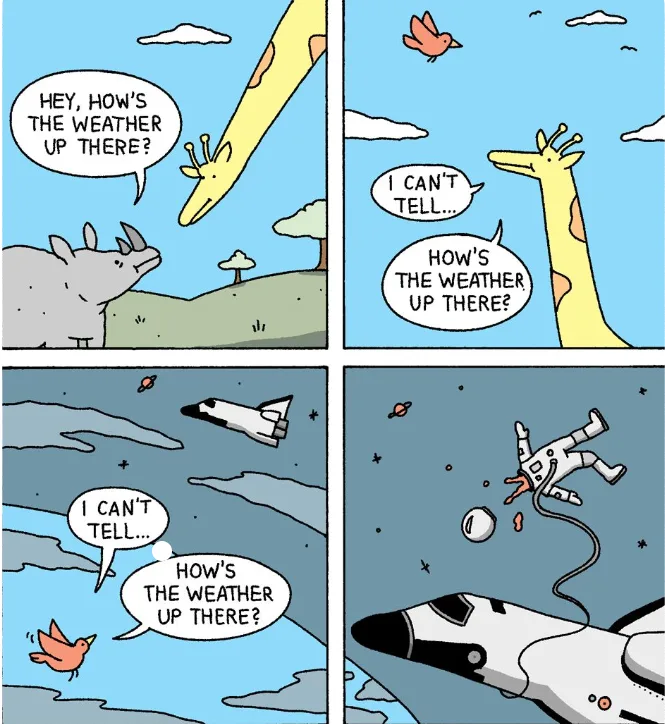 A four-panel comic strip shows a rhino asking a giraffe about the weather up high, the giraffe replies it can't tell, then…