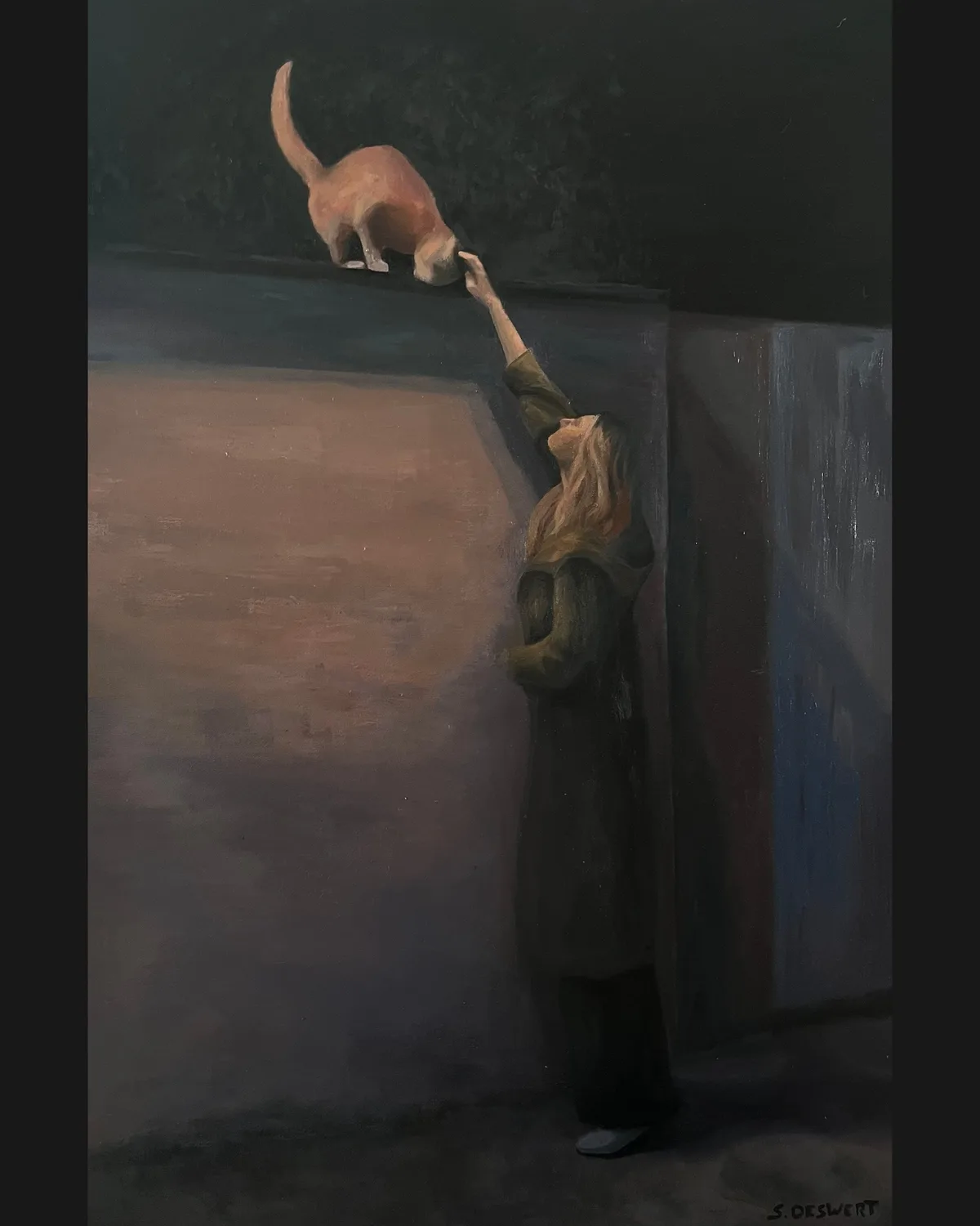 A painting depicts a person in a dark coat reaching up to touch a ginger cat perched on a ledge above them. The scene is…