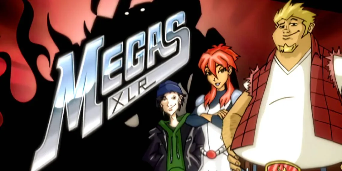 The image displays the title card for the animated series 'Megas XLR,' featuring three main characters: a boy in a green…