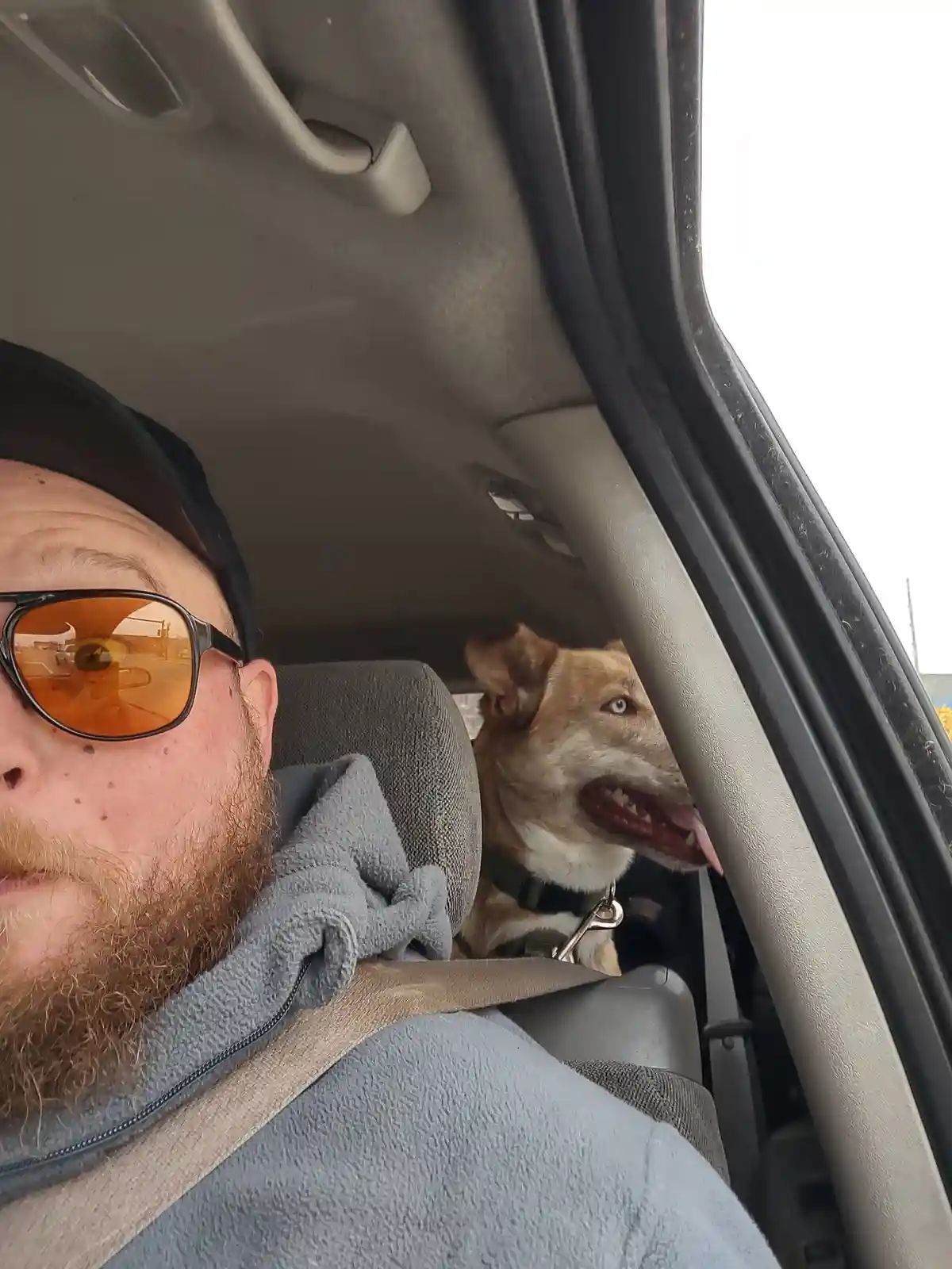A man with a beard and orange-tinted sunglasses sits in a car, looking at the camera, while a tan and white dog with one…