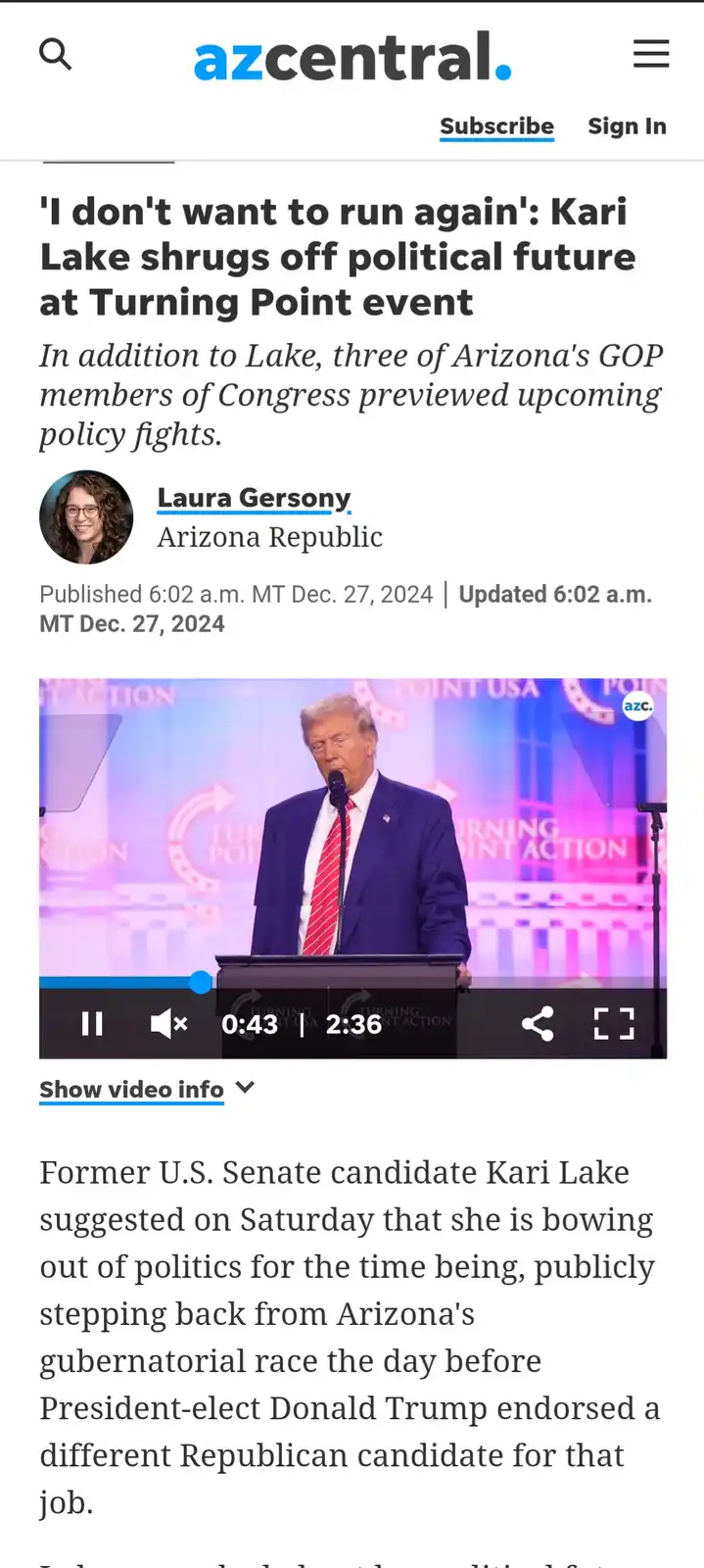 A screenshot of an AZ Central news article about Kari Lake stepping back from politics, featuring a video player with a…