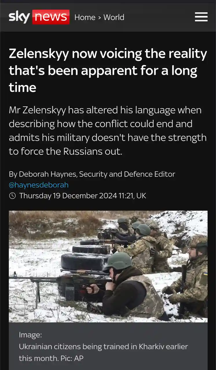 A screenshot of a Sky News article with a headline about Zelenskyy admitting his military can't force Russians out, overlaid…