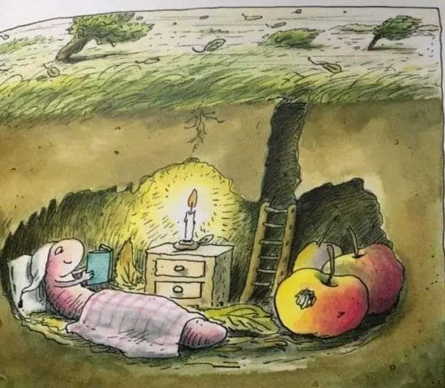 A cartoon illustration shows a person lying in bed underground, reading a book under the light of a single candle on a small…