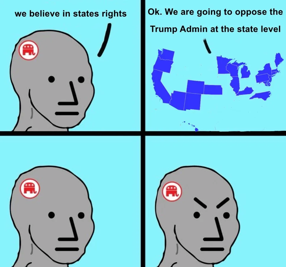 A four-panel comic shows a bald cartoon man with a red Republican elephant sticker on his head. In the first panel, he says…