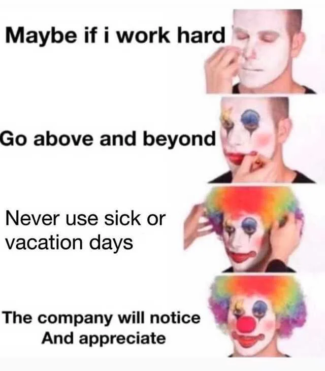 A four-panel image shows a man progressively applying clown makeup: first white base, then eye makeup, then a rainbow wig…