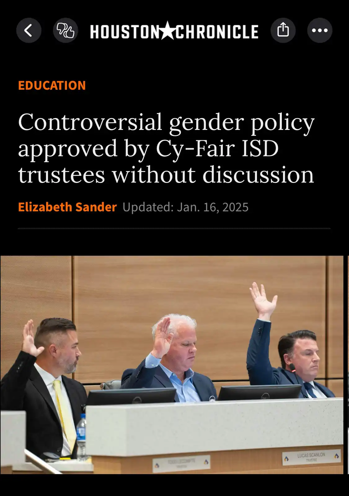 A screenshot of a Houston Chronicle article about a controversial gender policy approved by Cy-Fair ISD trustees without…