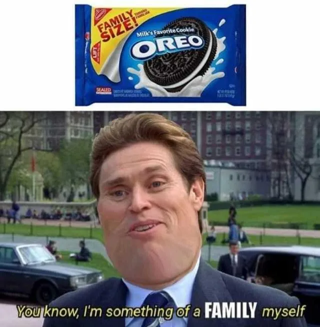 The image shows a top panel of a blue Oreo cookie package labeled 'Family Size!' and a bottom panel featuring actor William…