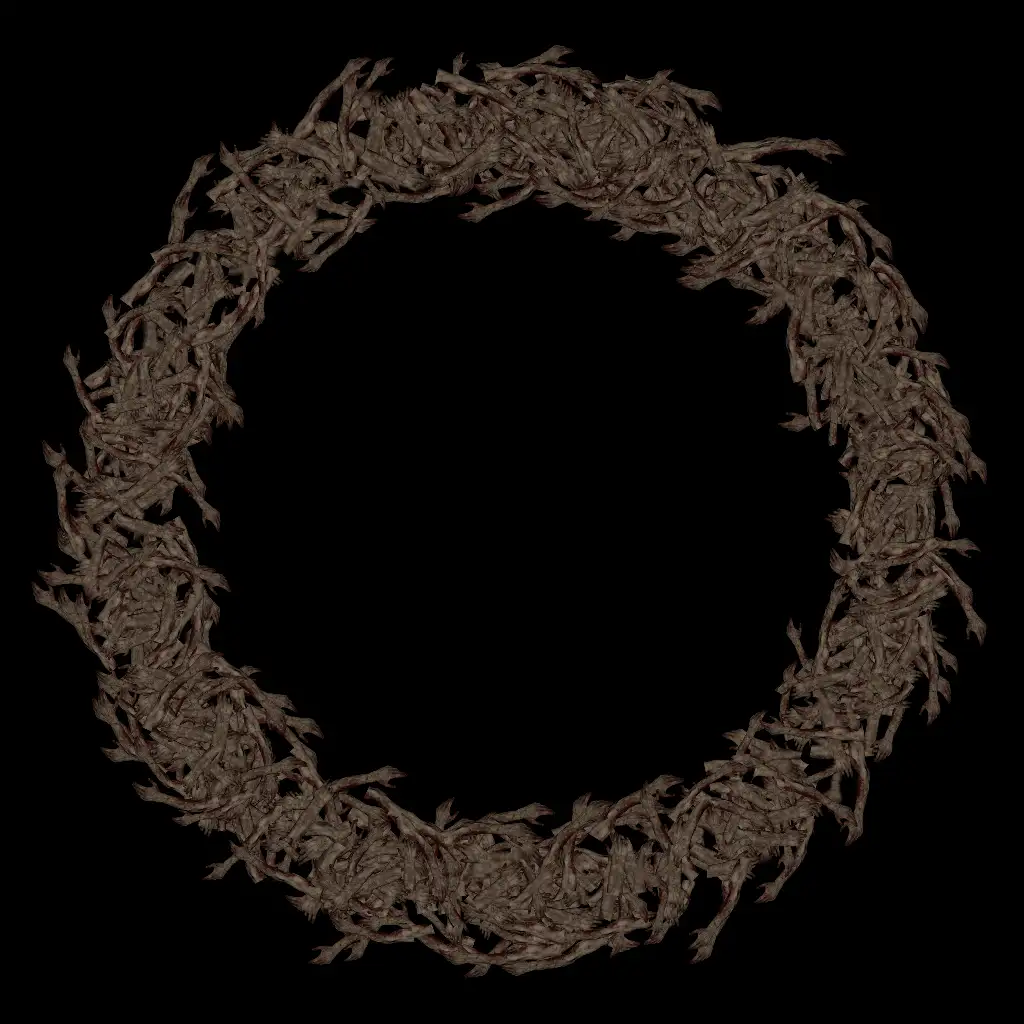 A circular wreath made of gnarled, dark brown branches with visible red stains resembling blood, set against a solid black…