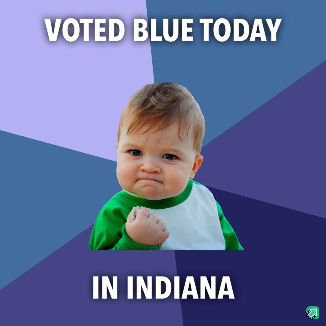 A baby with a pouty, defiant expression, wearing a green and white shirt, is shown against a geometric blue and purple…