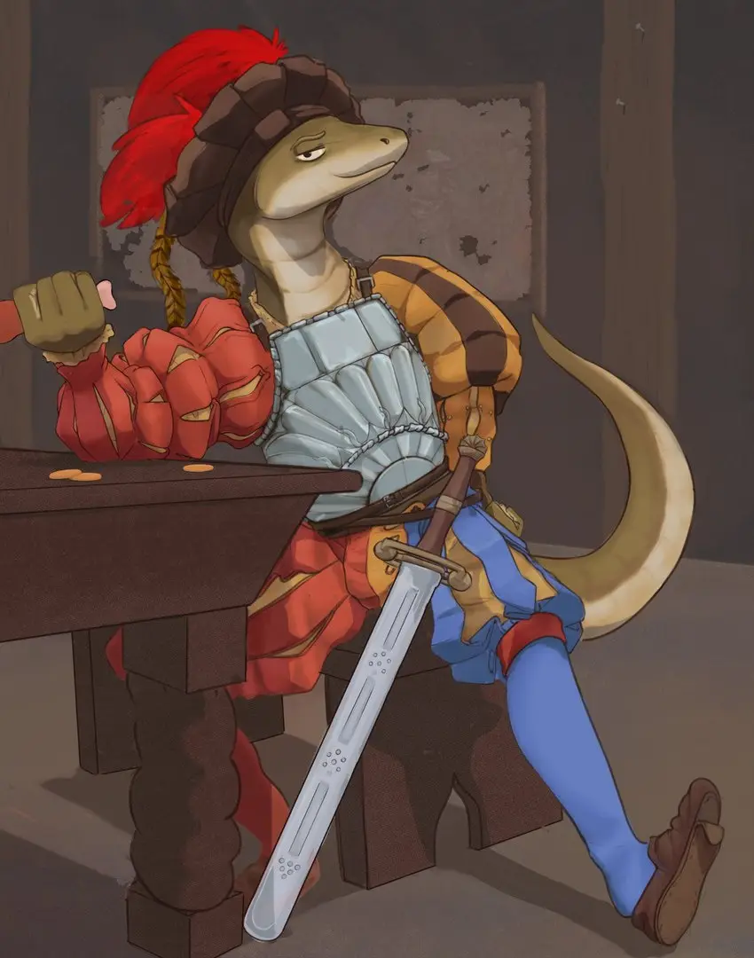 An anthropomorphic lizard in medieval armor and a red plumed hat sits slumped at a wooden table, one hand resting on the…