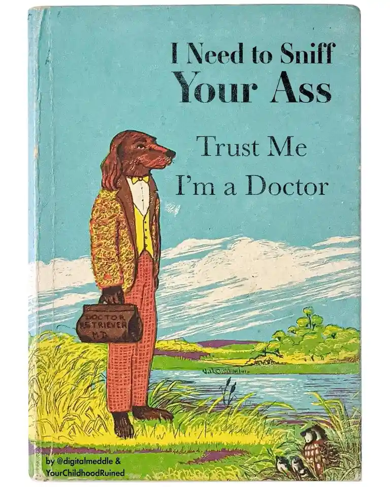 The image shows a vintage-style book cover featuring a brown dog dressed in a yellow vest, patterned jacket, and red pants…
