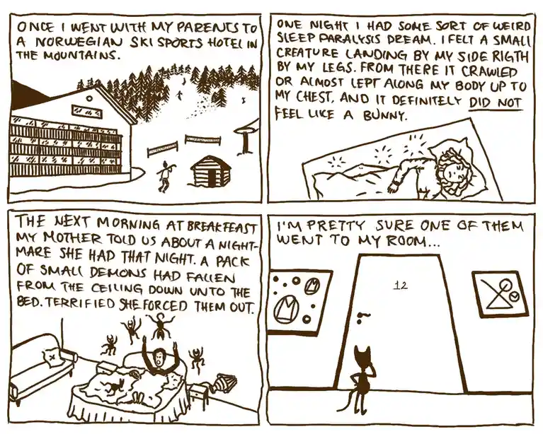 A four-panel comic strip in brown ink depicts a story where a child recounts a sleep paralysis dream involving a small…