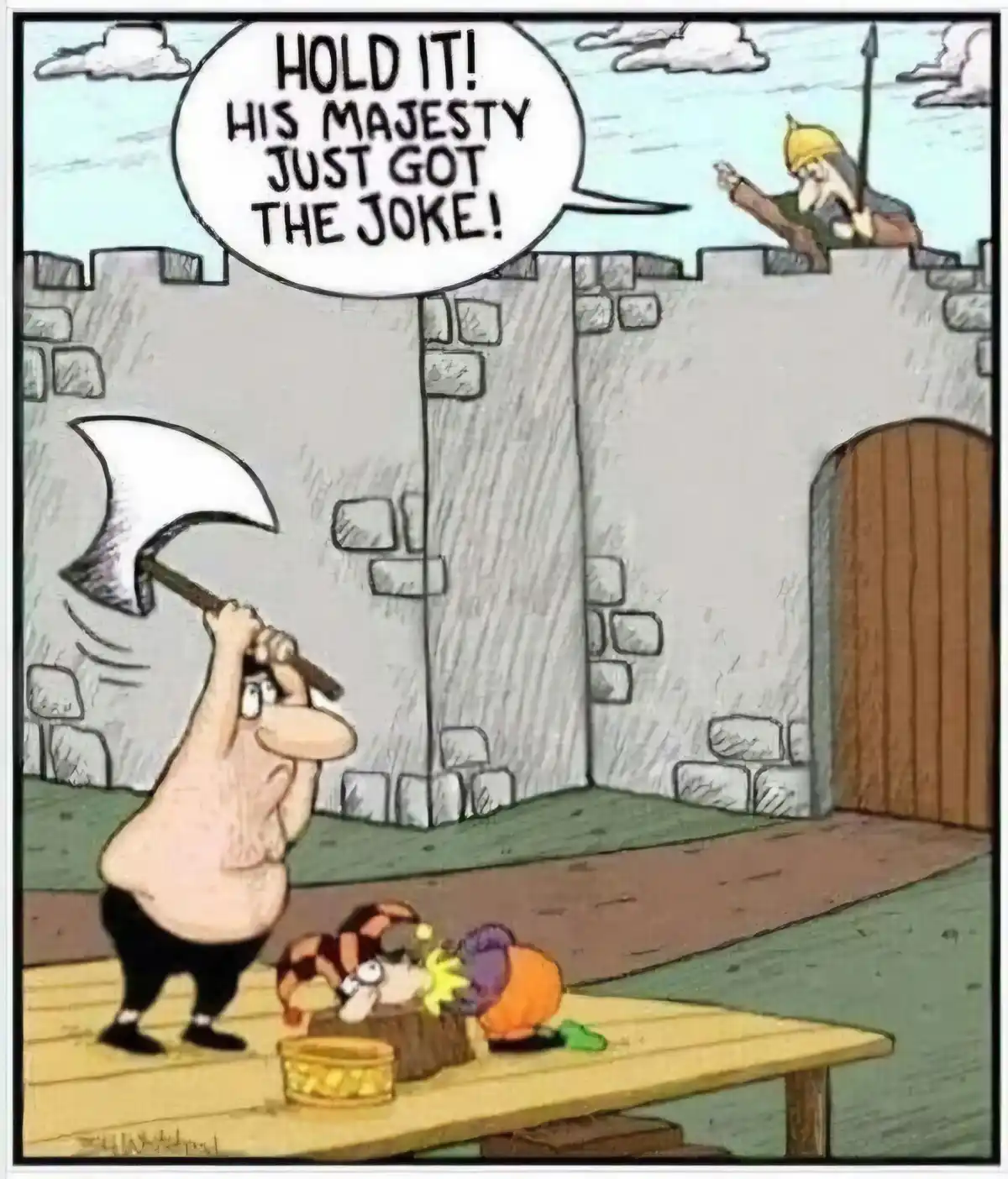 A cartoon Viking warrior in a yellow helmet shouts from a castle wall, while a shirtless man with an axe raises it above his…