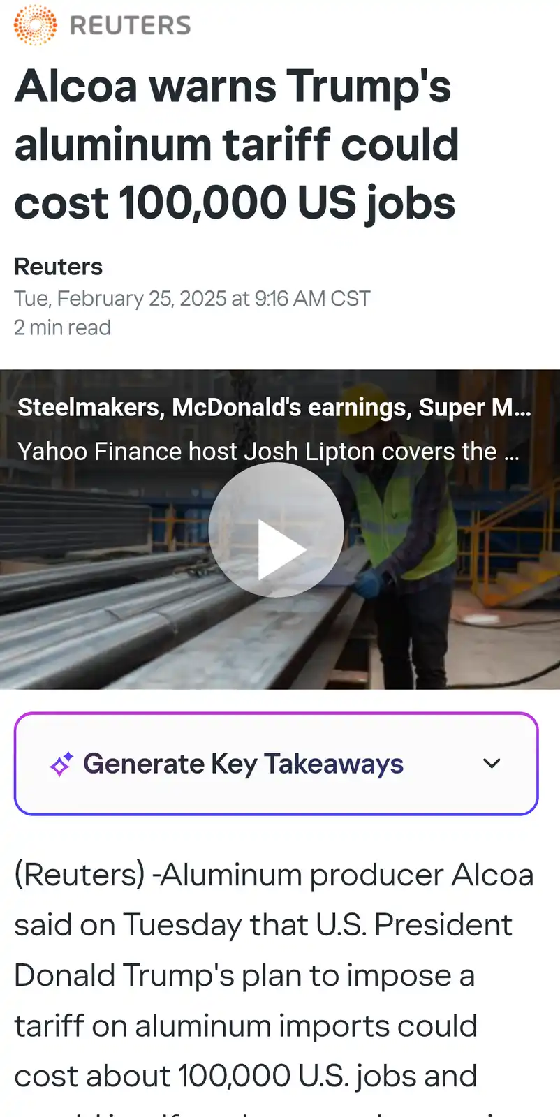 A screenshot of a Reuters news article with the headline 'Alcoa warns Trump's aluminum tariff could cost 100,000 US jobs'…