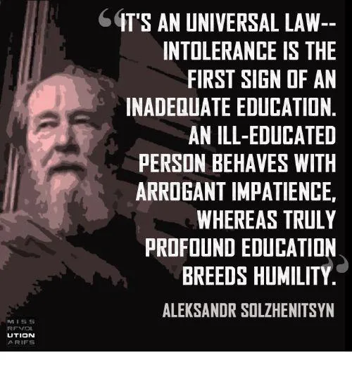 A black-and-white, stylized portrait of a bearded man, identified as Aleksandr Solzhenitsyn, with a large white text overlay…