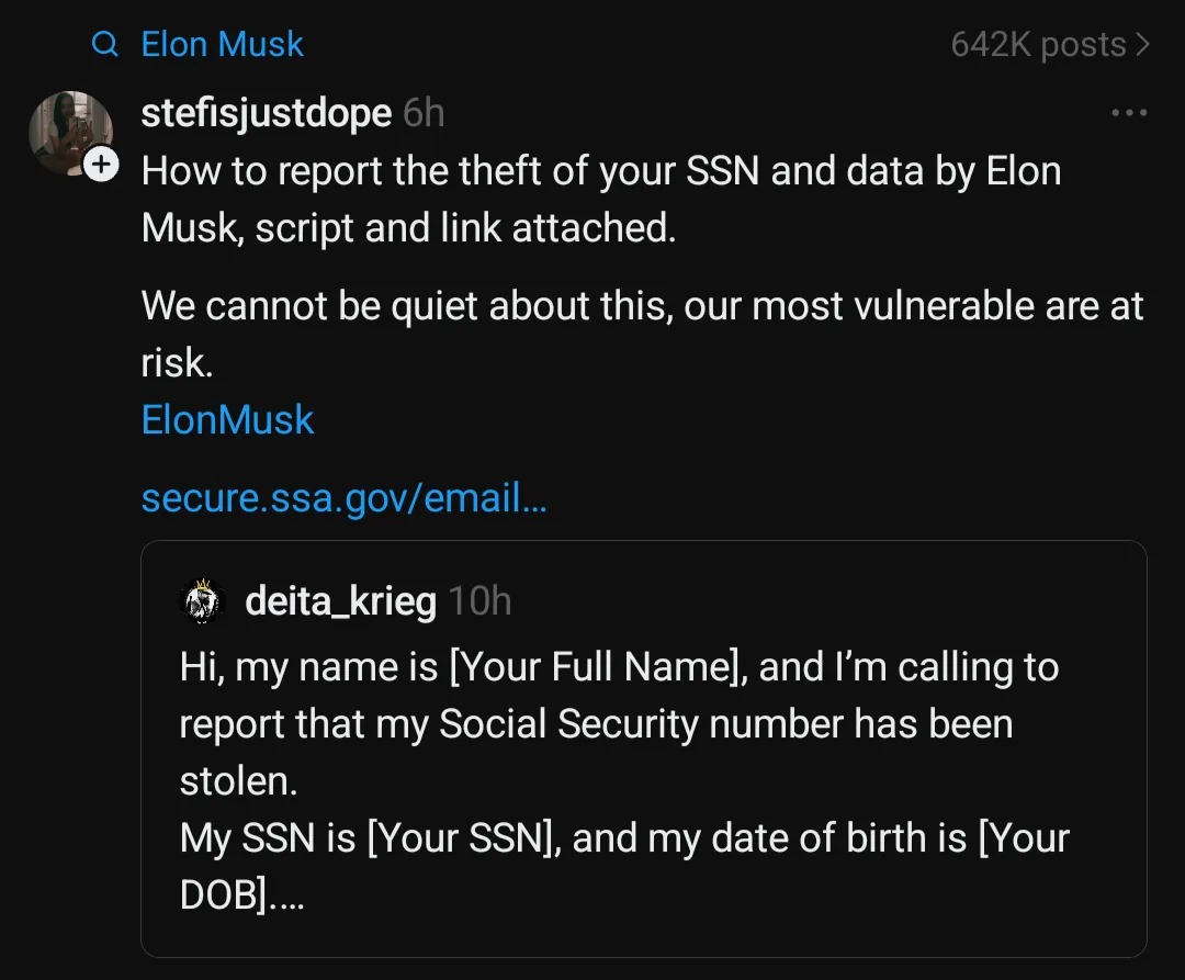 A screenshot of a social media post by 'stefisjustdope' claiming to report SSN theft by Elon Musk, with a link to a…