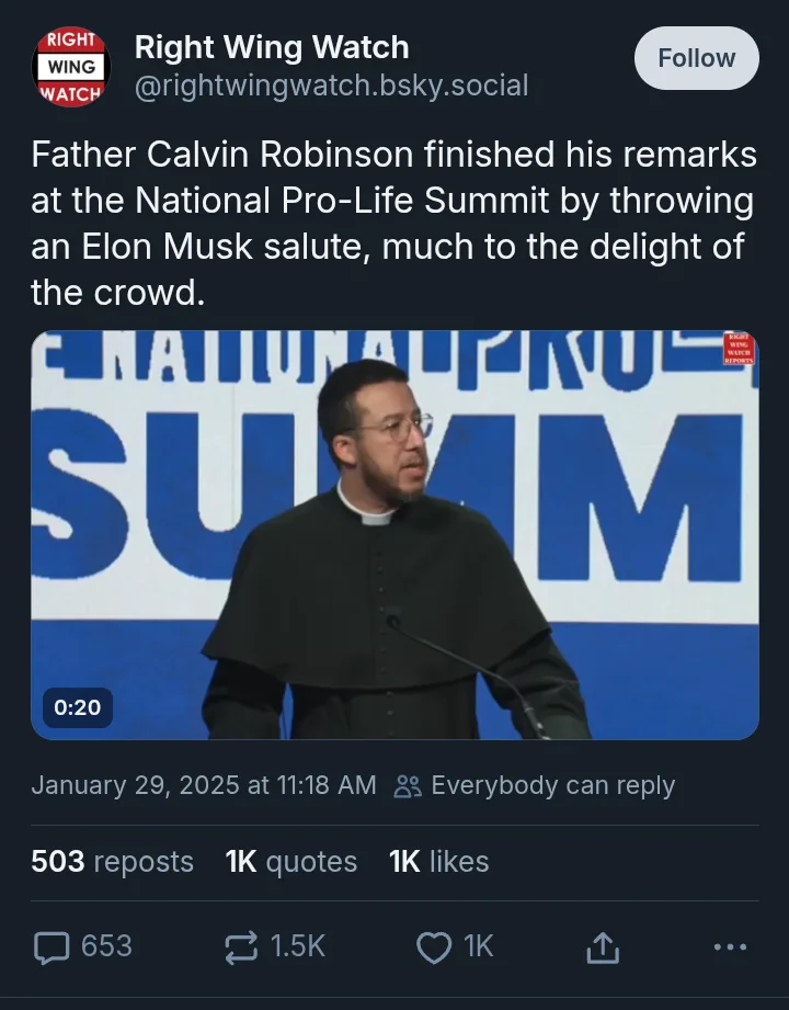 A screenshot of a social media post from 'Right Wing Watch' shows a man in a black clerical collar and robe speaking at a…