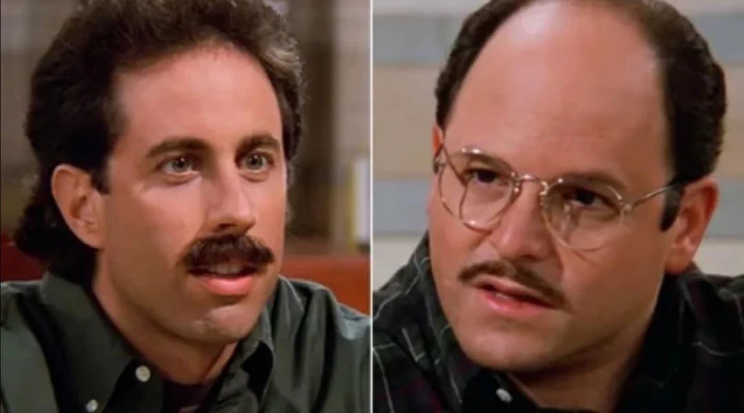 The image shows two side-by-side close-ups of actors Jerry Seinfeld and George Costanza from the TV show Seinfeld. Jerry, on…