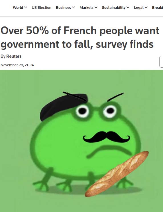 A green cartoon frog wearing a black beret and mustache, holding a baguette, is shown beneath a Reuters news headline…
