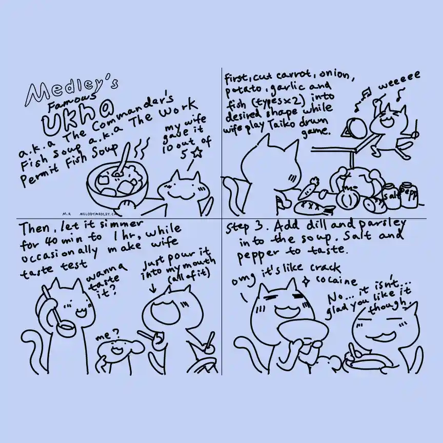 A four-panel comic strip featuring cartoon cats preparing and tasting a fish soup called 'Medley's Famous Ukha'. The first…