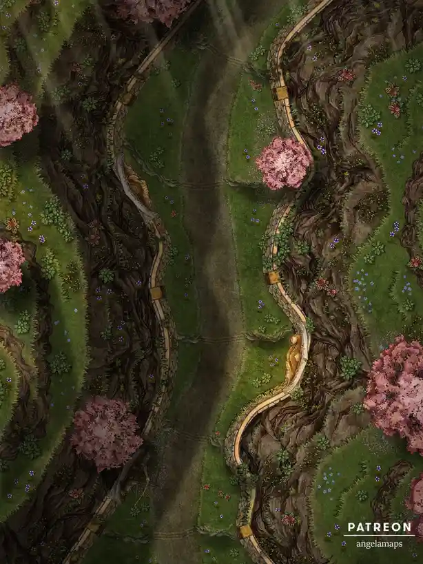 An overhead fantasy map depicts a winding stone path flanked by grass, flowers, and pink trees, with a central dirt road…