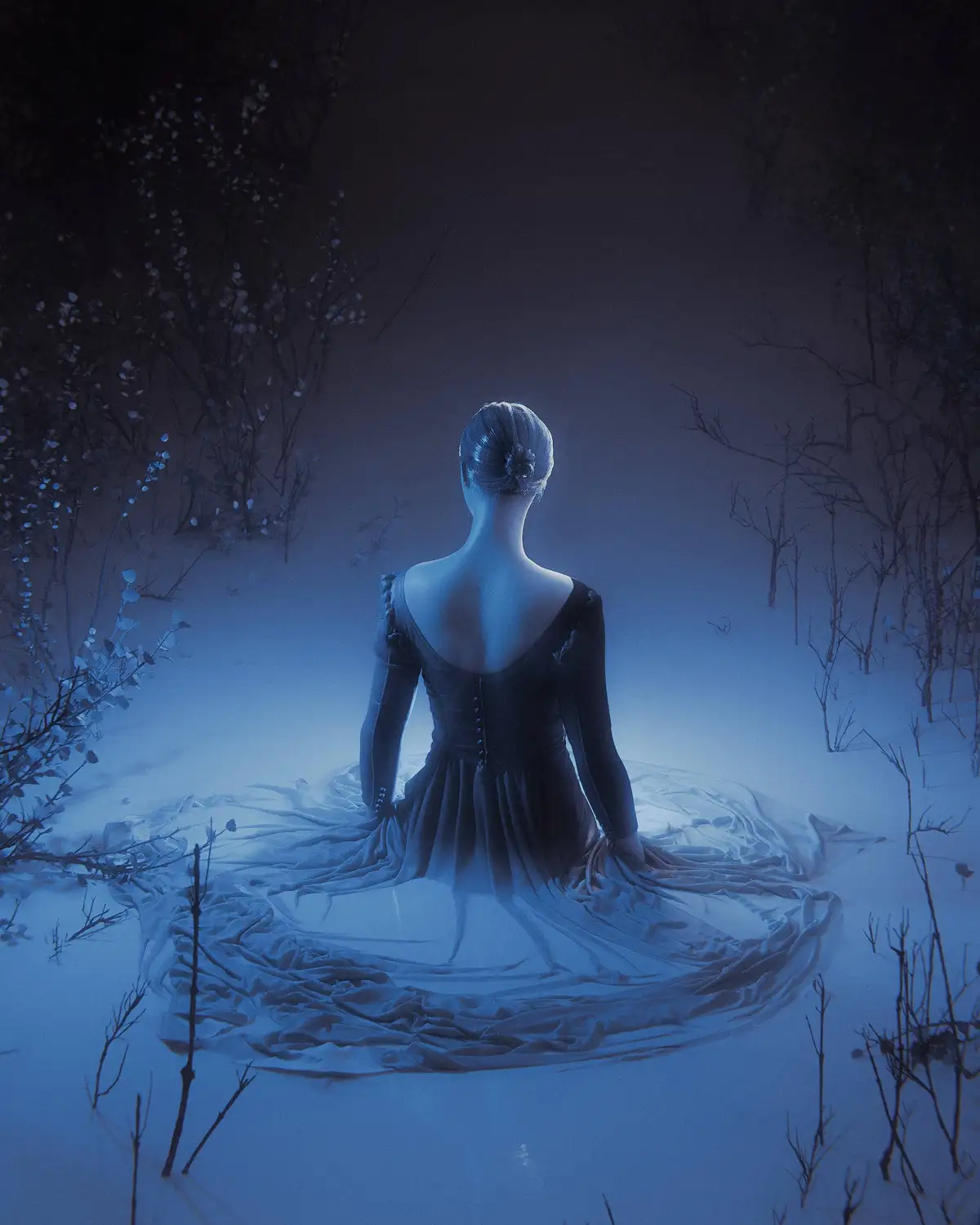 A woman in a dark dress sits alone in a snowy, misty forest at night, her back to the viewer, surrounded by bare trees. The…