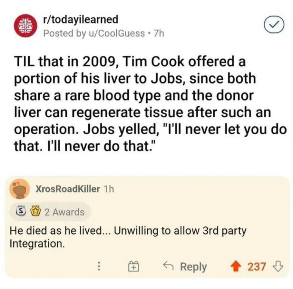 A screenshot of a Reddit post from r/todayilearned where a user claims Tim Cook offered his liver to Steve Jobs in 2009 due…