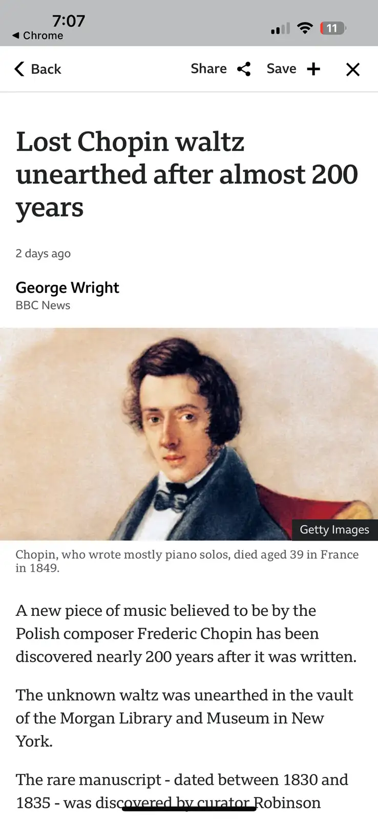 A screenshot of a BBC News article titled 'Lost Chopin waltz unearthed after almost 200 years' shows a portrait of composer…