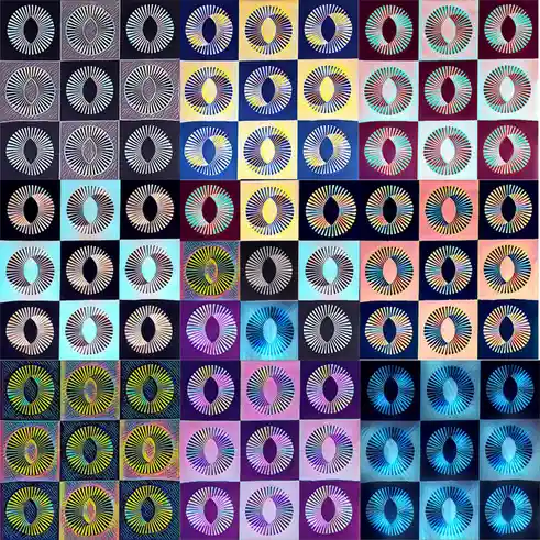 The image displays a grid of colorful, abstract circular patterns resembling eyes or sunbursts, each with radiating lines…