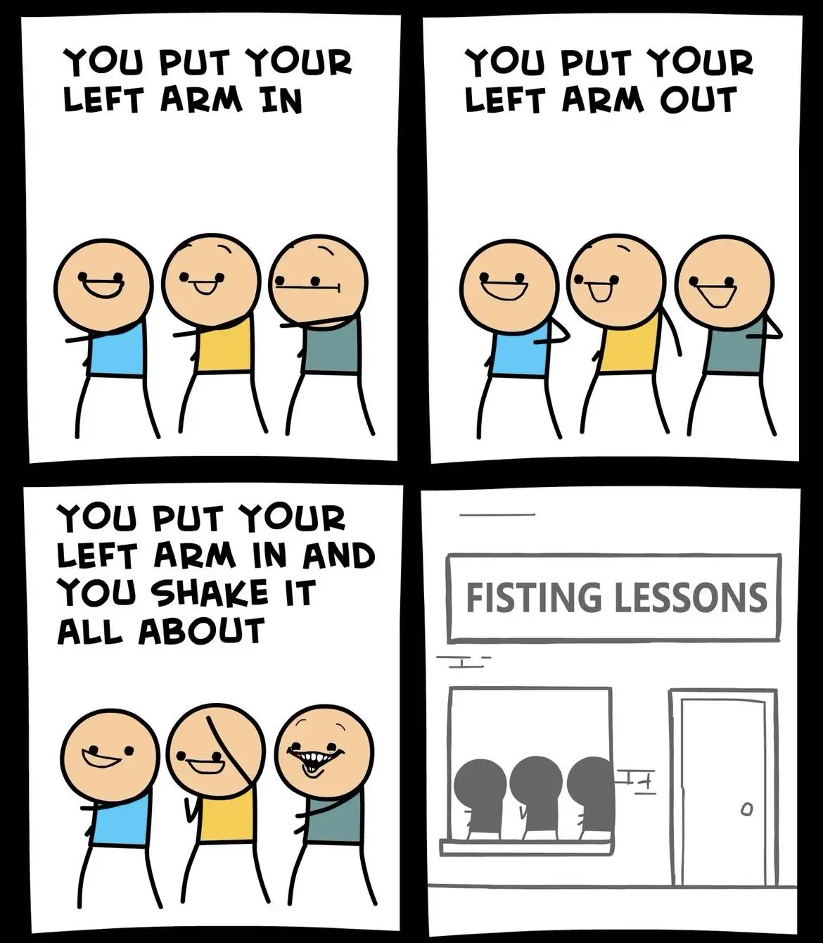 A four-panel comic shows three stick figures performing a dance move: first putting their left arm in, then out, then…
