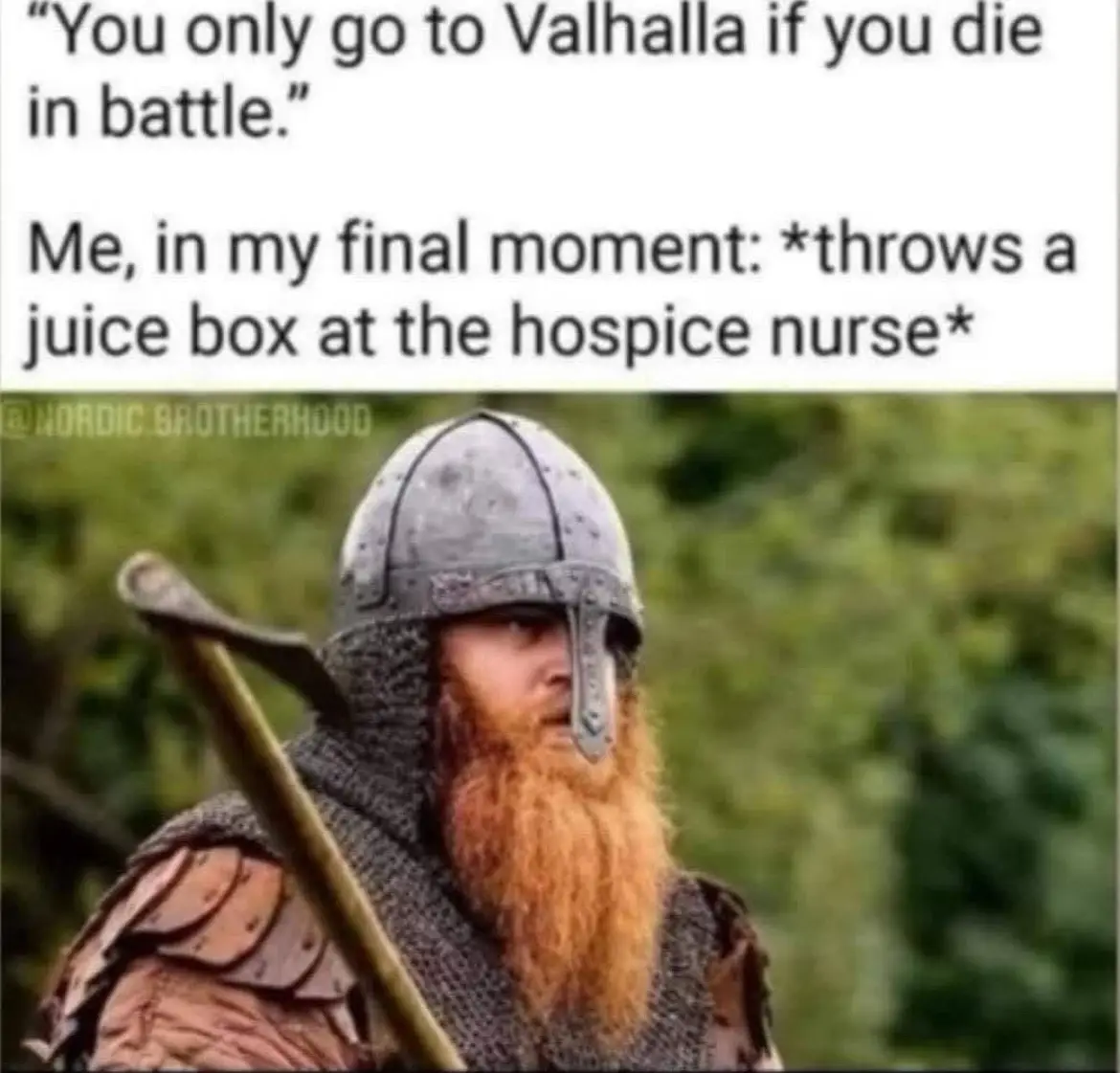 A man in Viking armor with a long red beard and a helmet, holding an axe, looks off to the side. The text above him states…
