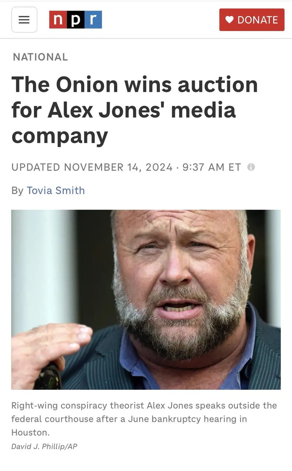 An image of Alex Jones with a distressed expression is overlaid with the text 'The Onion wins auction for Alex Jones' media…