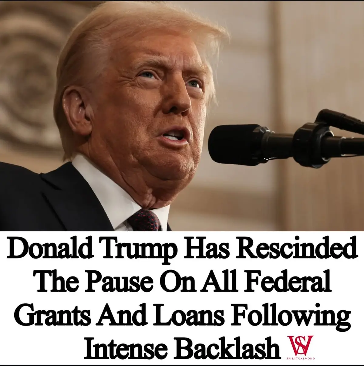 A close-up photo of Donald Trump speaking into a microphone, wearing a dark suit and tie. Overlaid text in bold black font…