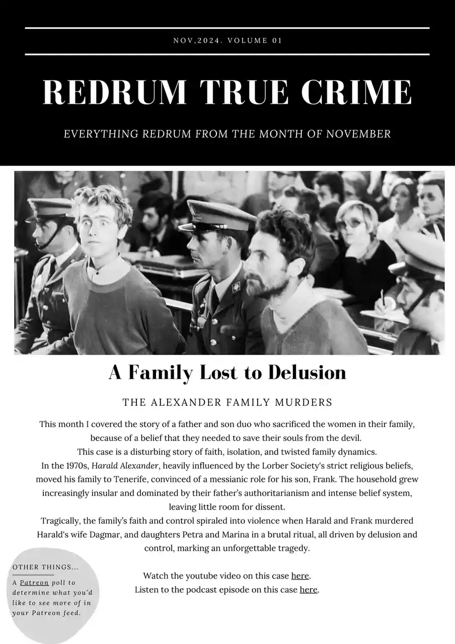 A black-and-white image mimicking a true crime magazine cover titled 'REDRUM TRUE CRIME' with the subtitle 'EVERYTHING…