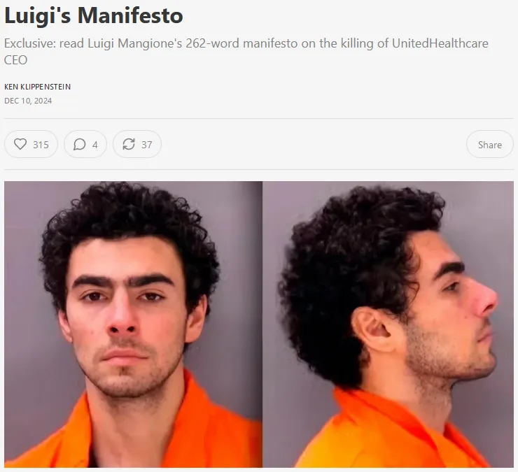 The image displays two mugshot photos of Luigi Mangione, side-by-side, showing his front and profile views while wearing an…