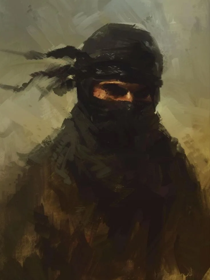 A dark, painterly image shows a figure in full ninja gear, including a black head covering and mask, with only their eyes…