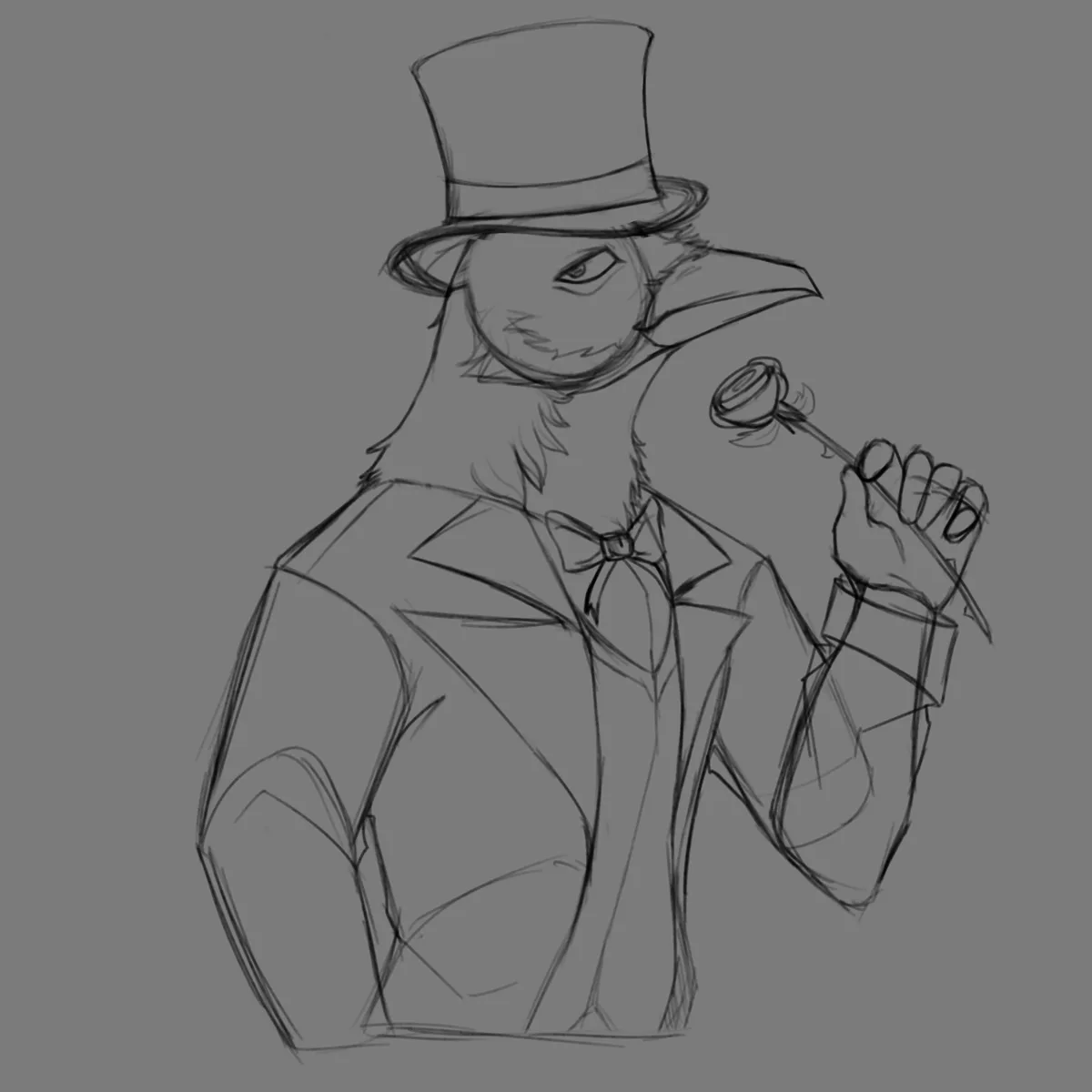 A black-and-white sketch depicts an anthropomorphic bird with a long beak, wearing a top hat, a suit, and a bow tie, holding…