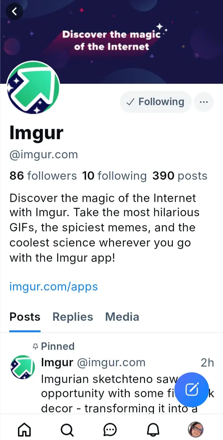 A screenshot of an Imgur social media profile page showing the app's logo, follower count, and a pinned post. The pinned…