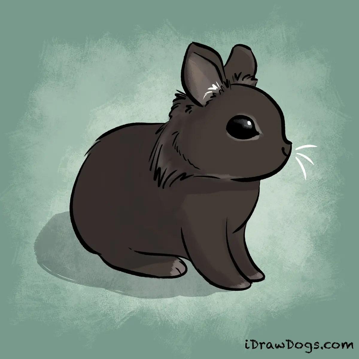 A digital illustration of a small, dark brown rabbit sitting upright against a textured teal background, with a subtle…