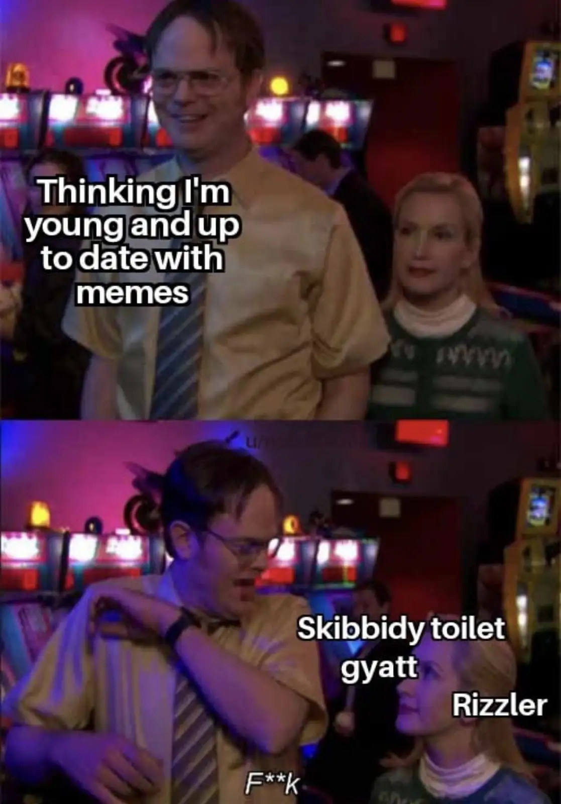 The meme features two panels of Dwight Schrute from The Office in a arcade. In the top panel, he smiles confidently with…