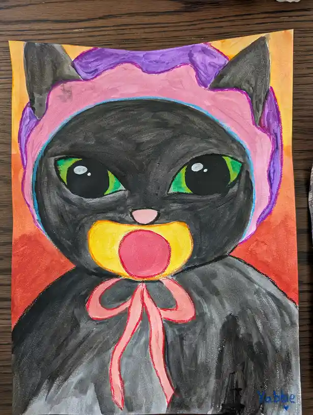 A colorful drawing of a black cat with large green eyes, wearing a pink and purple bonnet and a yellow pacifier with a red…