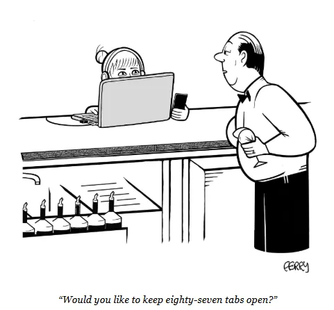 A black-and-white cartoon depicts a bartender holding a glass and speaking to a customer seated at a bar. The customer…