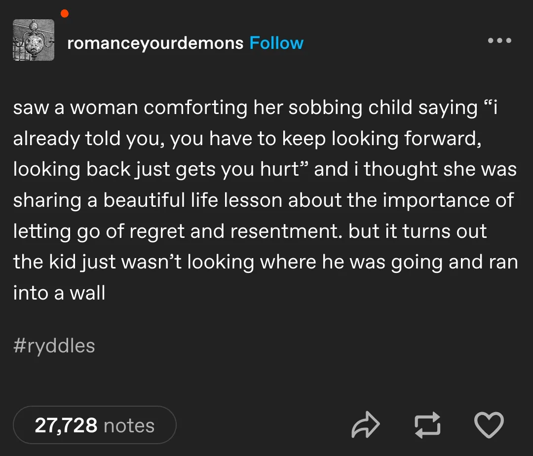 A screenshot of a Tumblr post by 'romanceyourdemons' describing a woman comforting her sobbing child while giving a life…