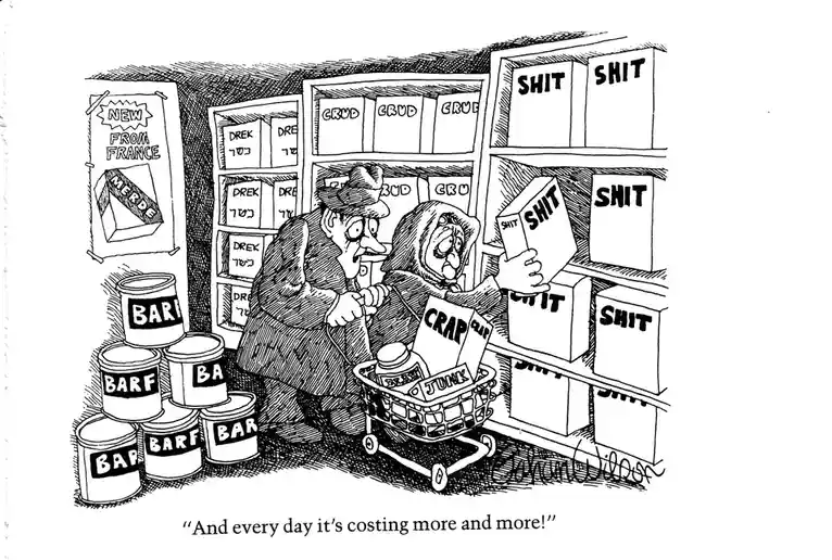 A black-and-white cartoon depicts two elderly shoppers in a grocery store with shelves stocked with products labeled 'SHIT'…