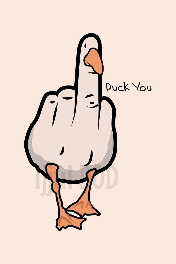 A cartoon duck is depicted standing upright with its body shaped like a human hand making the middle finger gesture, with…