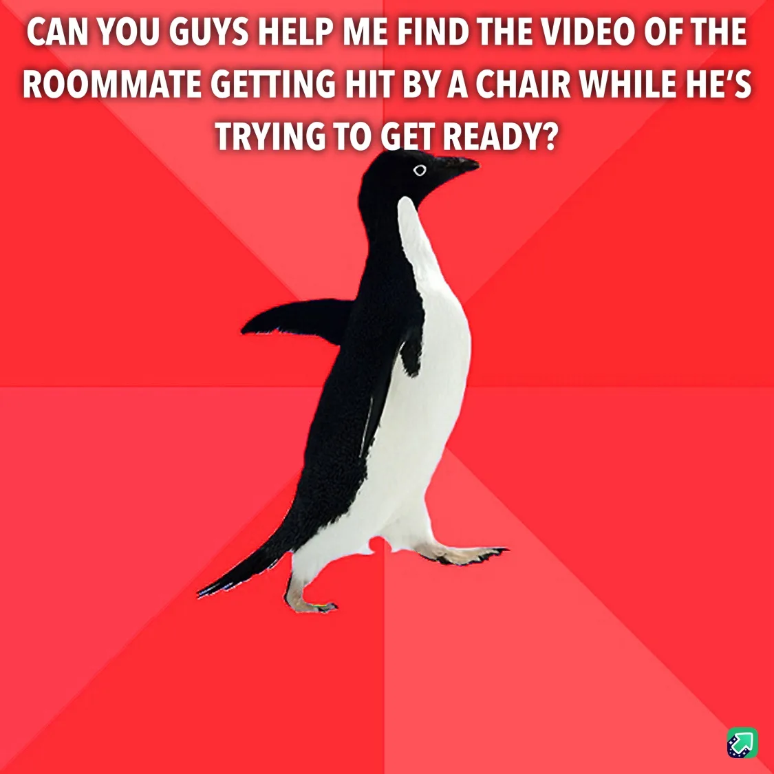 A black-and-white penguin stands against a red background with diagonal stripes, looking upward and to the side. The…