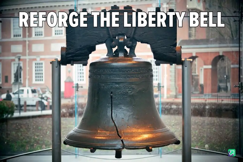 The image shows the Liberty Bell, a large bronze bell with a prominent crack running down its front, displayed indoors on…