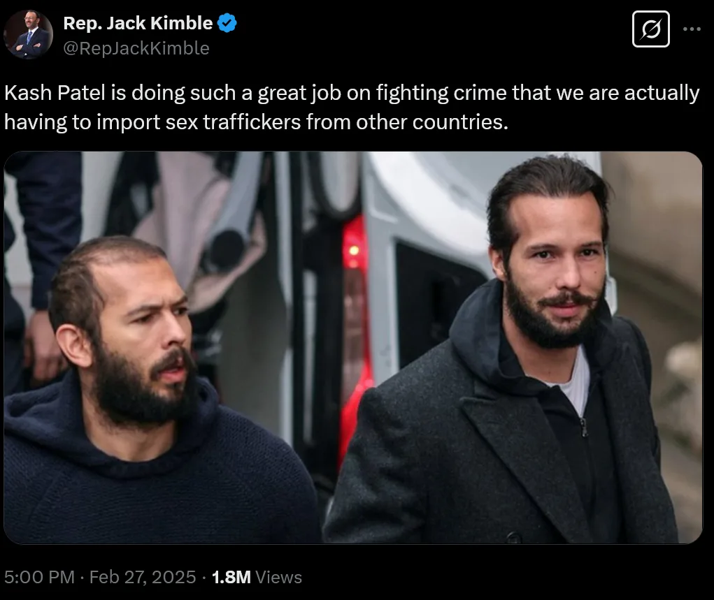 A screenshot of a tweet by Rep. Jack Kimble showing two men walking outdoors, one looking away and the other looking…