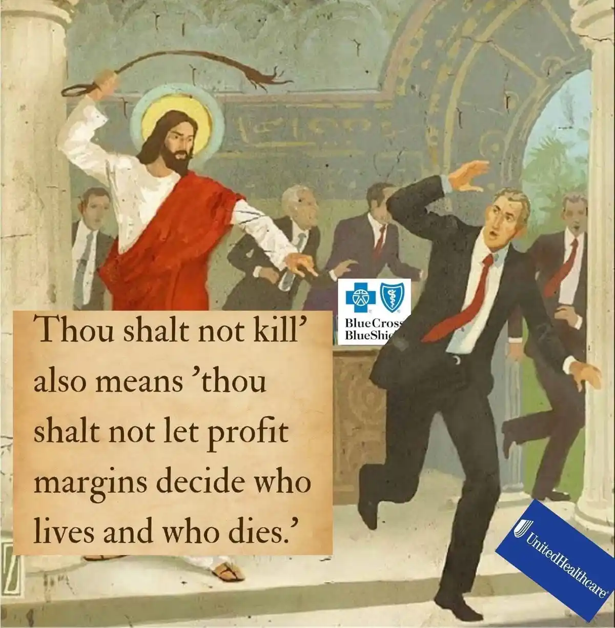 A religious painting depicts Jesus Christ wielding a whip, driving out money changers from a temple. The scene is altered to…
