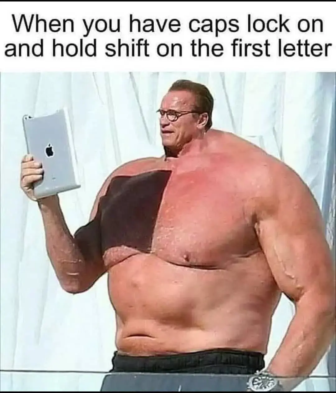A shirtless Arnold Schwarzenegger holds a tablet while his torso is split down the middle: one side is darkened like a burnt…